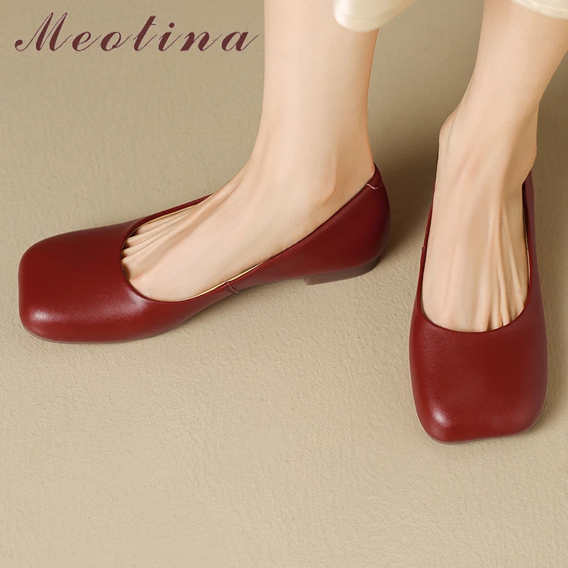 

Meotina Women Genuine Leather Glove Shoes Square Toe Flats Concise Design Ladies Fashion Shoes Spring Autumn Apricot Wine Red 40