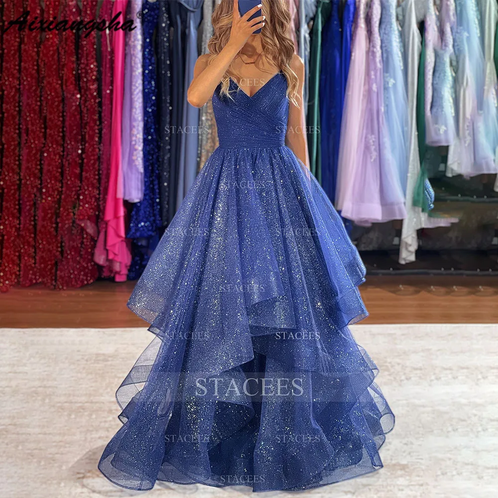 

Aixiangsha A-line V Neck Sleeveless Tulle Long Floor-Length Prom Dress with Ruffles Glitter Evening Dress vestidos de noche
