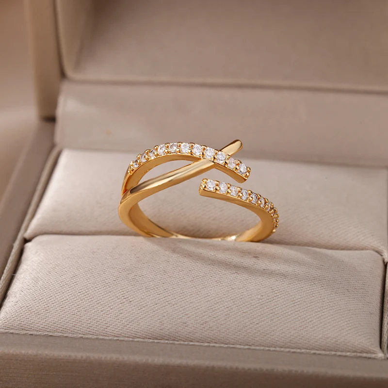 Cyrkon X-krzywa otwarte pierścionki dla kobiet ze stali nierdzewnej pozłacany geometryczny krzyż pierścionek biżuteria koreańska prezenty weselne