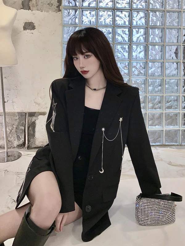 KOSAHIKI Harajuku Black Blazer Coat Women Chain Patchwork