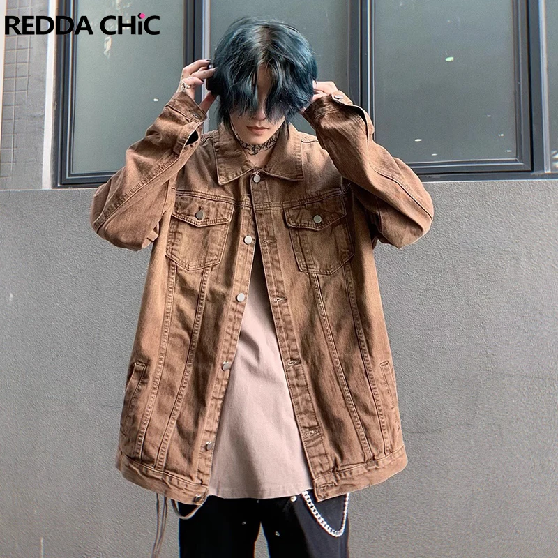 

ReddaChic Demi-season Cowboy Brown Denim Jacket Stitch Windbreaker Statue Outer Korean Dongdaemun Punk Style Men Bomber Jacket