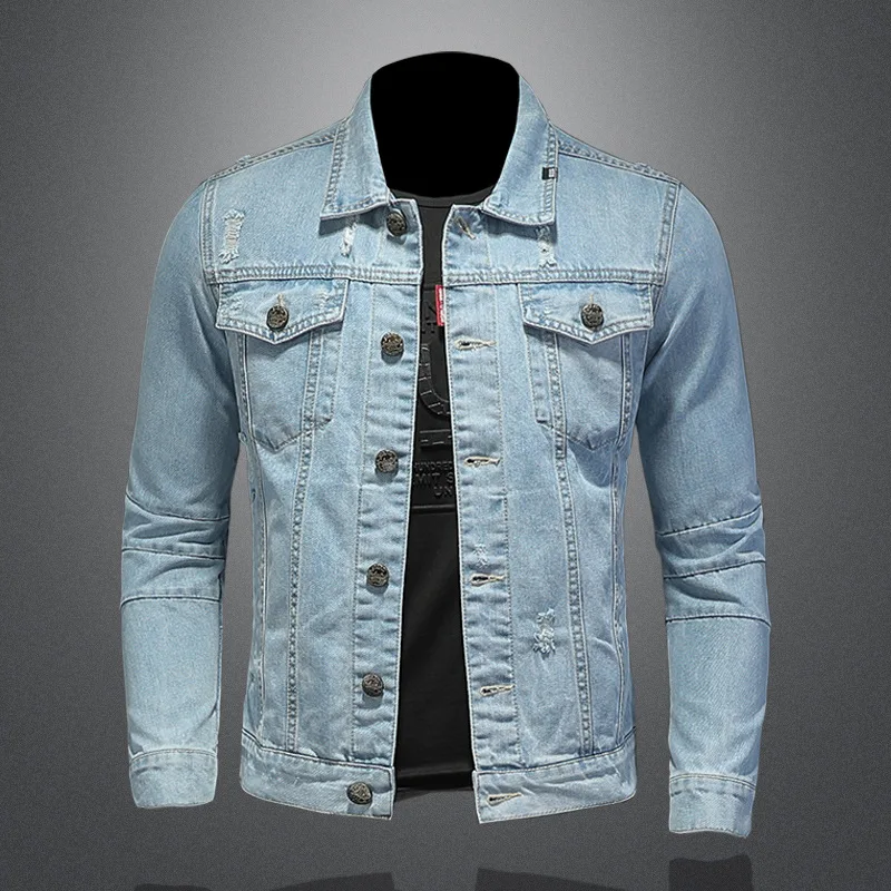 

Куртка мужская джинсовая облегающая однобортная, повседневная Молодежная синяя куртка из денима