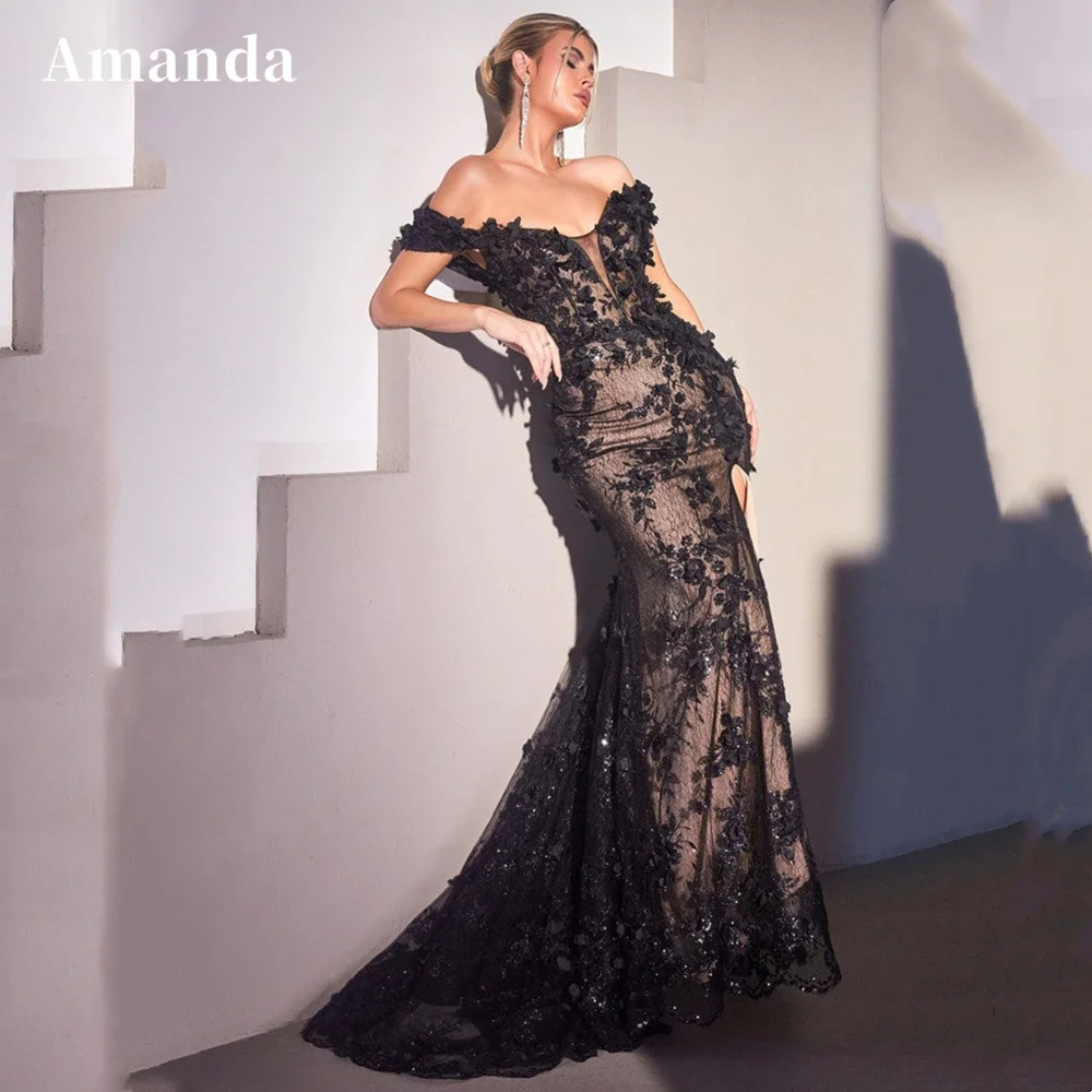 Amanda Luxury 3D Sequins Embroid Vestido De Novia Sexy Black Prom Gown Trumpet Prom Dress Off Shoulder Fishtail فستان سهرة