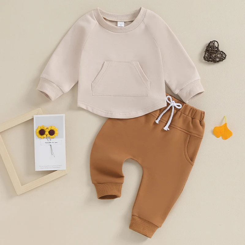 

0-3T Baby Boys Girls Solid Casual Long Sleeved Pants 2pcs Solid Pocket Sweatshirts Top+Pants Spring Autumn Infant Clothes Suits