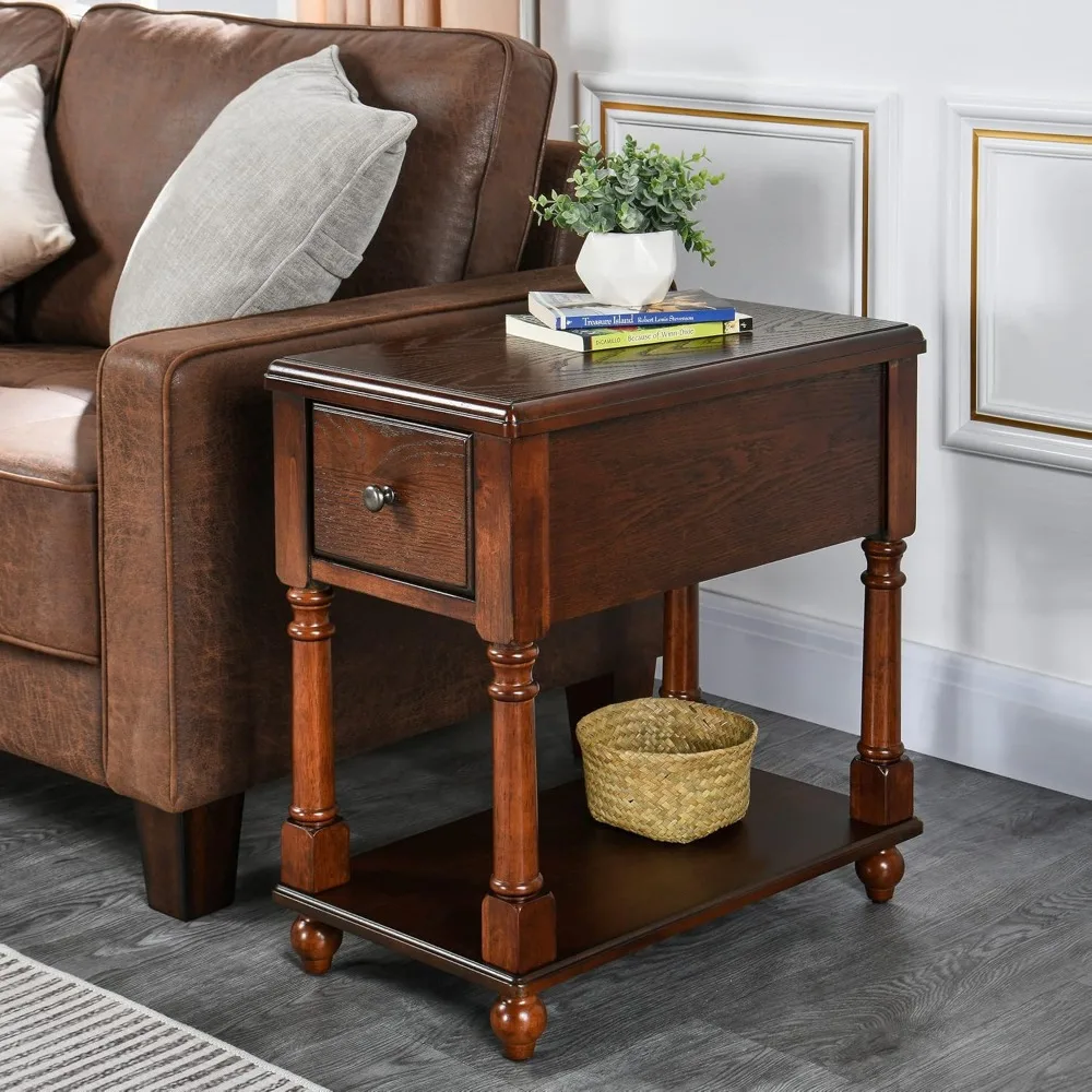 

Narrow End Table with Drawer and Storage Shelf Solid Wood Sofa Side Table Slim Beside Table Telephone for Small Spaces