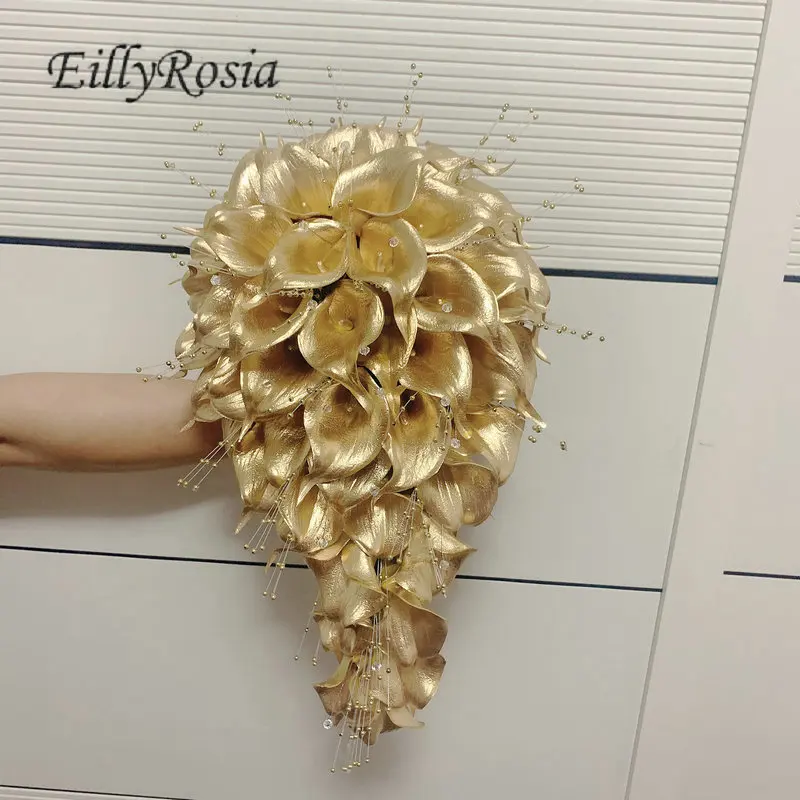 Africa Style Gold Wedding Bouquet Waterfall Calla Lilies Rhinestones Pearls Original Design Bridal Holding Flowers Luxury