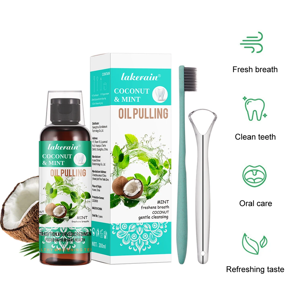 60/100/200/250ml Coconut Mint Pulling Oil Mouthwash Alcohol-free Teeth Whitening Fresh Oral Breath Tongue Scraper Set Mouth Heal teeth whitening essence teeth whitening product teeth health product