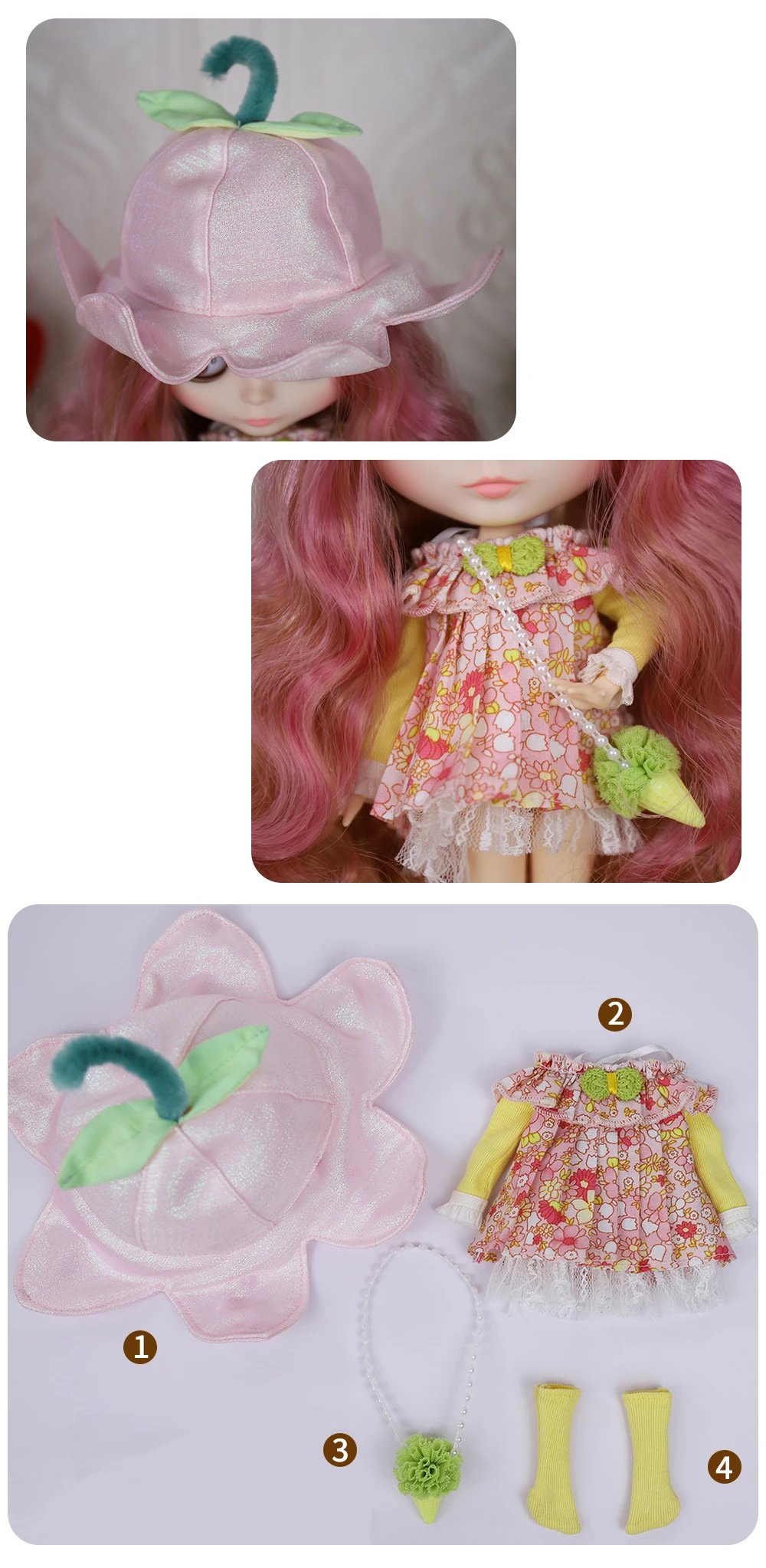Neo Blythe Doll Floral Lace Dress with Hat, Bag & Socks 2
