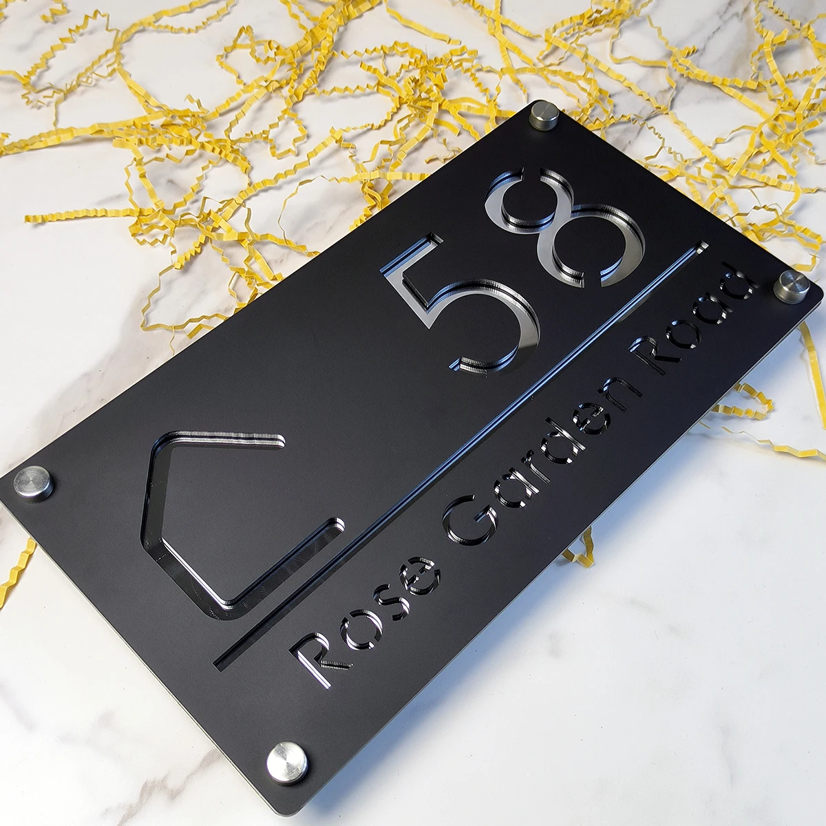Personalized Custom Matte Black Mirror Silver Double Laser Cut Acrylic House Number Sign Plate Address Name Outdoor House Wall Plaques House Numbers Number Plate