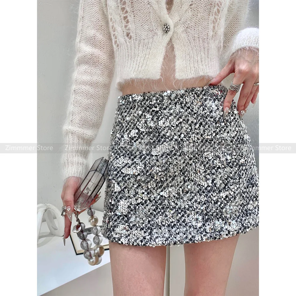 

Women's 23 Autumn and winter new high-quality fashionable niche wool flu tweed material anti-glare sequins half skirt