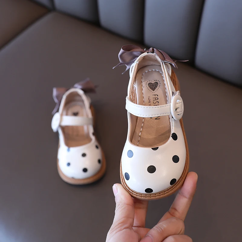 Toddler Girl's Mary Janes Elegant Back Bowtie Beige Khaki Four Season Children Leather Shoes 21-30 Polka Dot Light Kids Shoes leather shoes mary jane shoes girls shoes