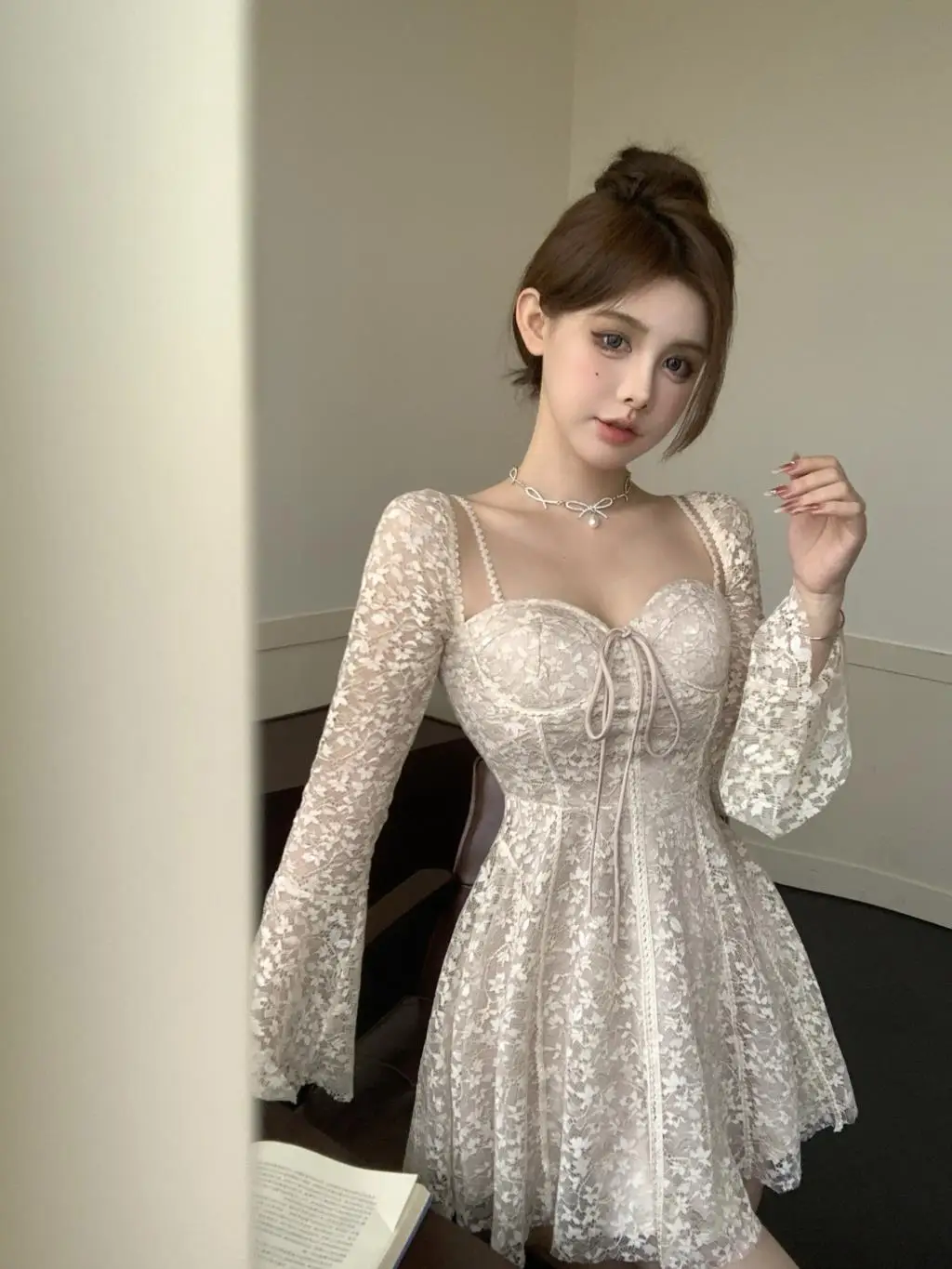 Sexy Lace Mini Dresses for Women Flare Sleeve Square Collar Corset Slim A-line Wedding Birthday Party Dress Y2K Prom Vestidos