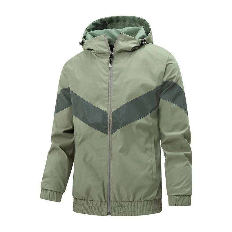 

Men Hooded Thin Style Jacket Vintage Reflective Strips Sport Coat Waterproof Outdoor Windbreaker Patchwork Oversize