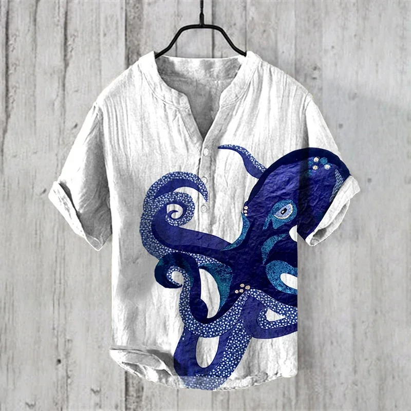 

Men's Henry Shirt - Octopus Printed Clothing T-shirt, Fashionable Casual Short Sleeved Top with Animal Pattern Print, New 2024,