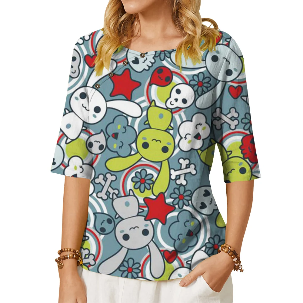 

CLOOCL Cartoon Women T-shirt Pet Toy Rabbit Printed Tees Button Decorate Loose Middle Sleeve Blouse Harajuku Casual Shirt