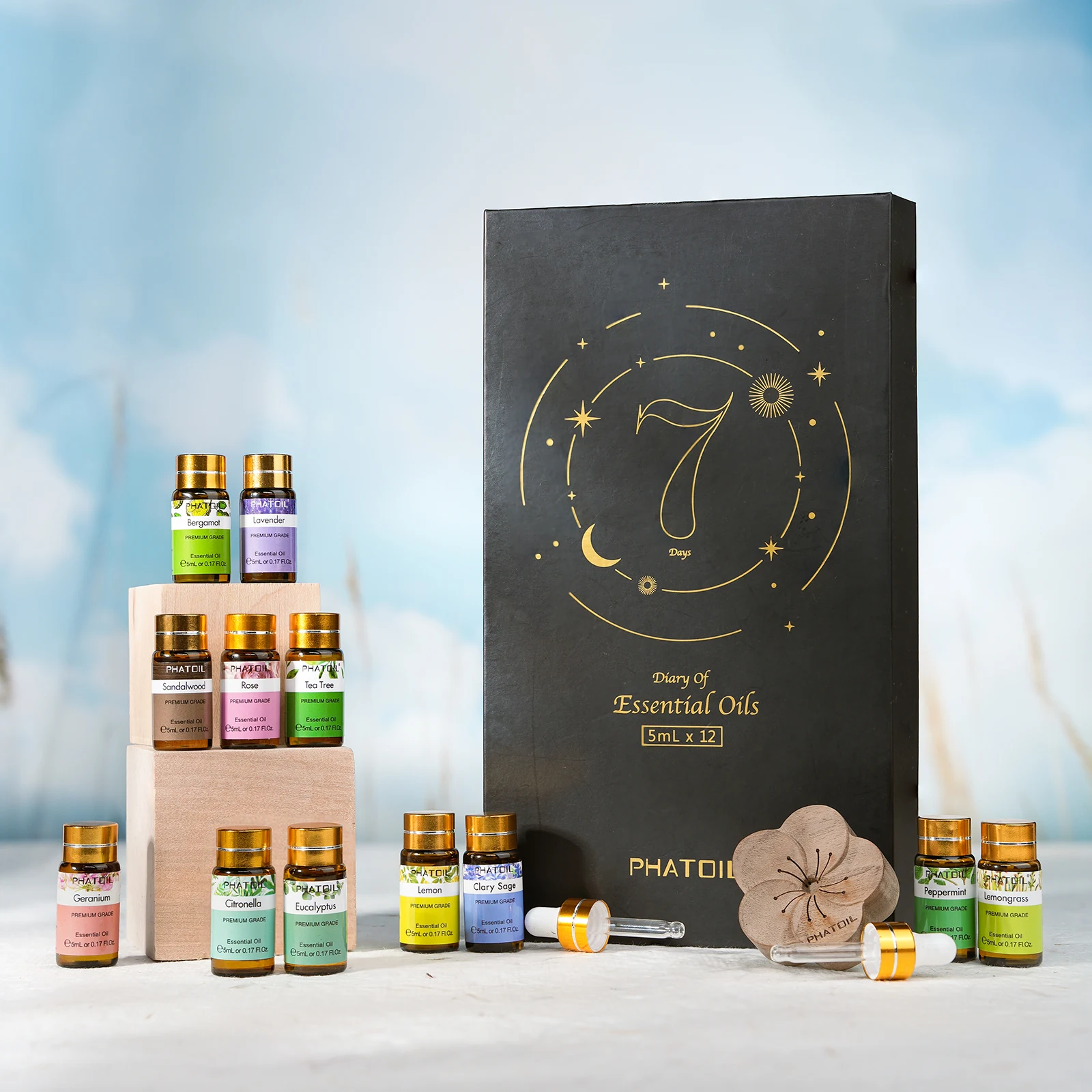 PHATOIL 12-Piece Aromatic Essential Oil Collection – Lemongrass, Lavender, Eucalyptus, Peppermint, Rose, Vanilla