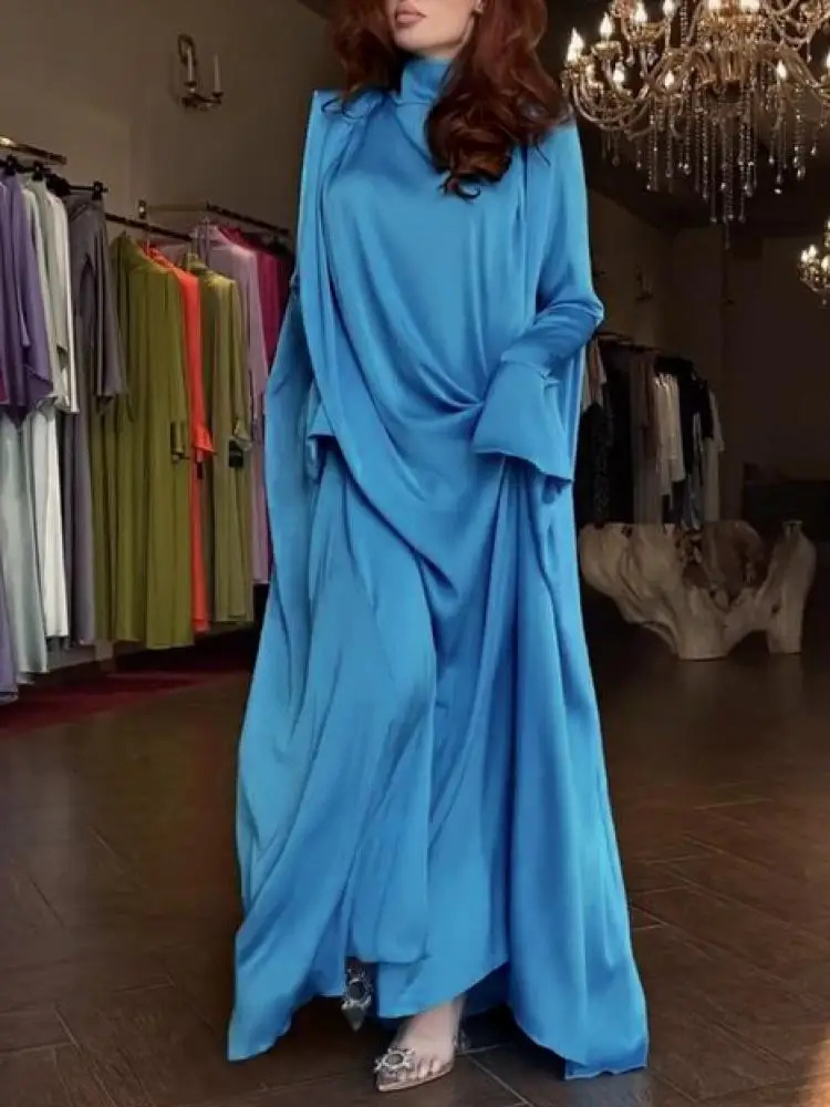 

Lemongor Middle East Arab Muslim Female High-Neck Elegant Evening Long Robe 2023 Spring Autumn Flared Sleeves Kaftan Dresses