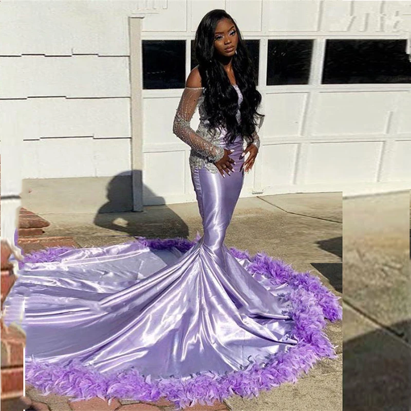 green prom dress Light Purple Feather Sweep Train Prom Dresses Sexy Off The Shoulder Sheer Long Sleeves Mermaid Evening Gowns Party Dresses sage green prom dress