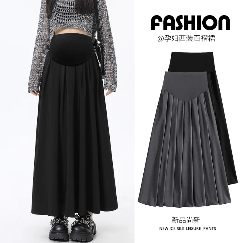 Spring Maternity Pleated Skirt with Pockets Large Hem Pregnant Woman Long Loose Suit Skirts Tall Lady Belly Skirts Formal