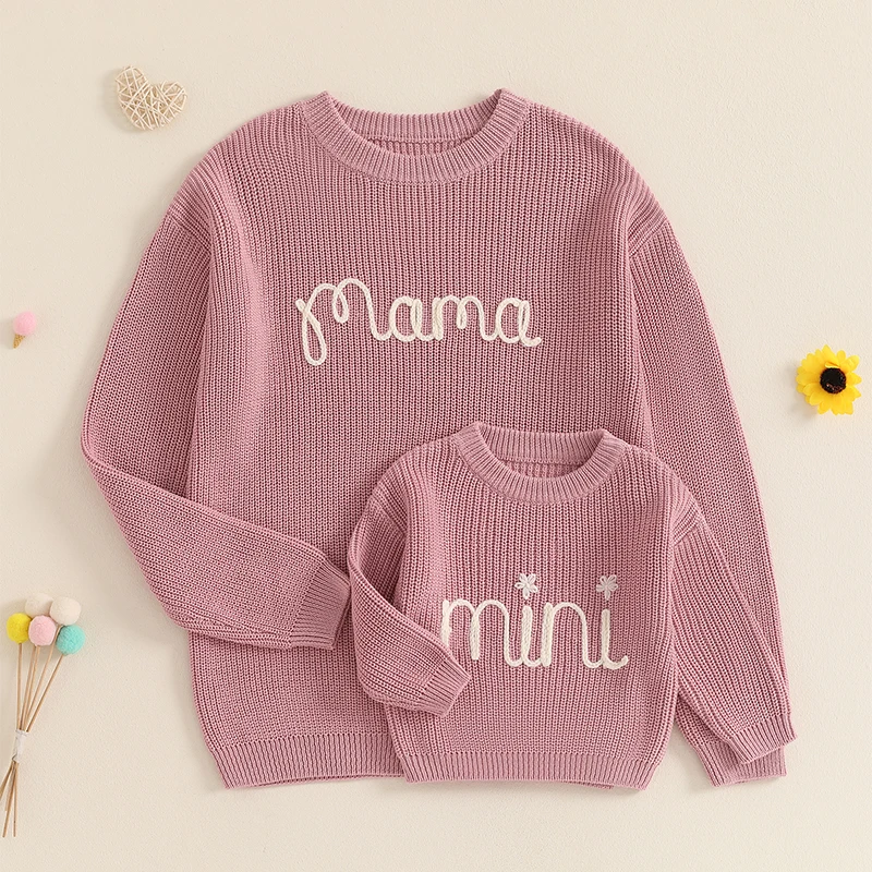 Suefunskry Family Matching Sweaters 1PC Mommy and Me Letter Embroidery Knitwear Long Sleeve Round Neck Warm Pullover Tops 5