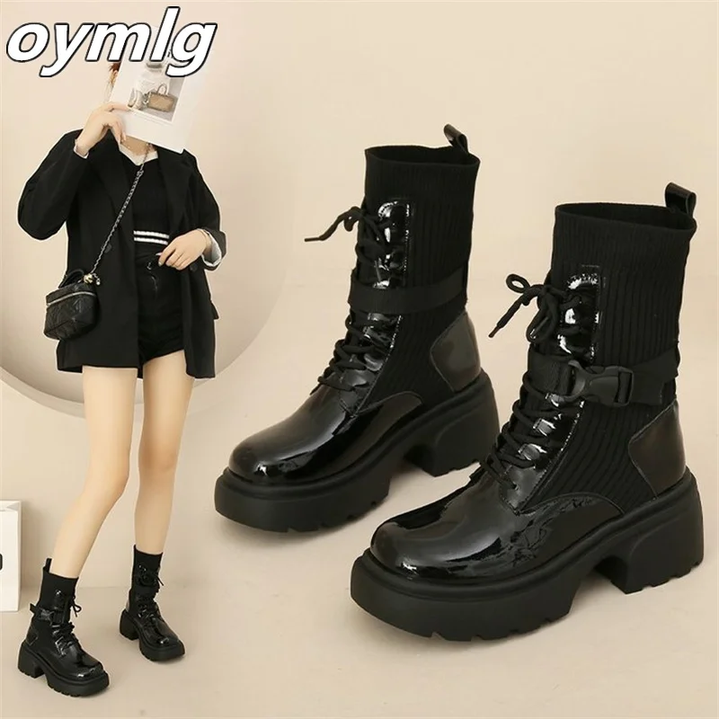 Lace up Women's Boots 2023 Autumn/Winter New Thick Sole Thick Heel Medium Slender Boots Knitted Short Boots Casual Shoes