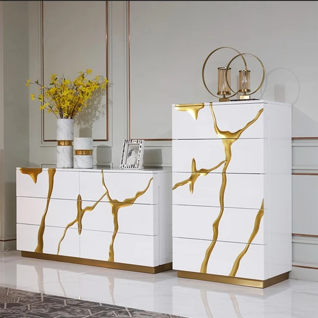 خزانة جانبية حديثة بتصميم تجريدي ذهبي، خزانة تخزين بيضاء عالية اللمعان مع أدراج متعددة، طاولة وحدة تحكم لغرفة الطعام 1