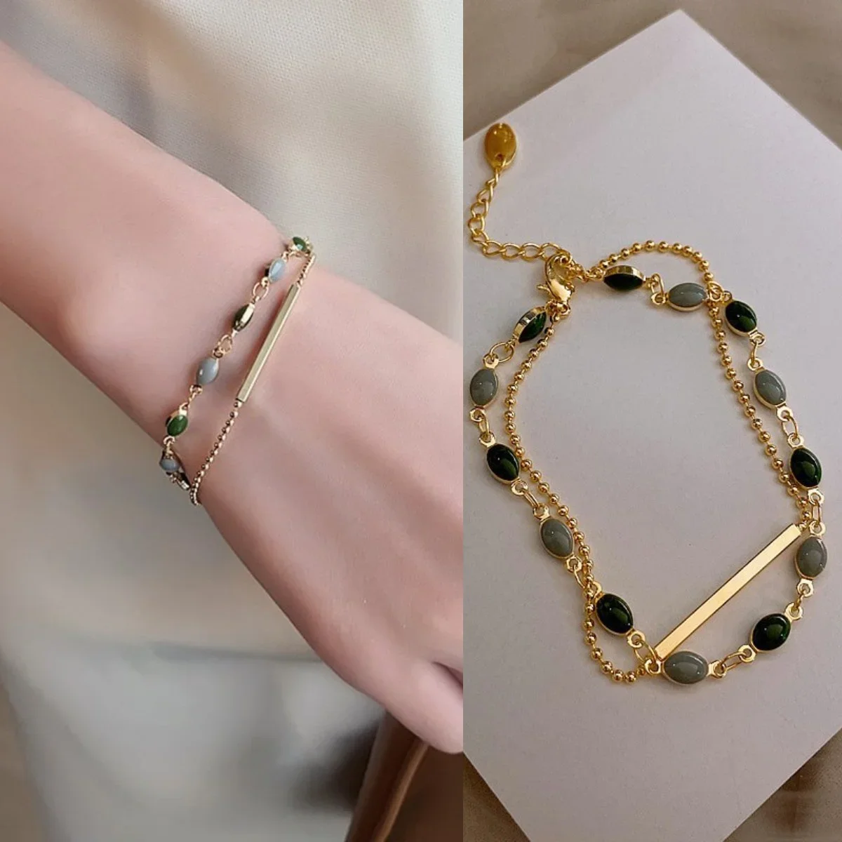 Crystal Bracelet Accessories For Women Crystal Charm Bracelets Gold Color Beaded Chain Double Layered Adjustable Bracelet Jewelry Gift