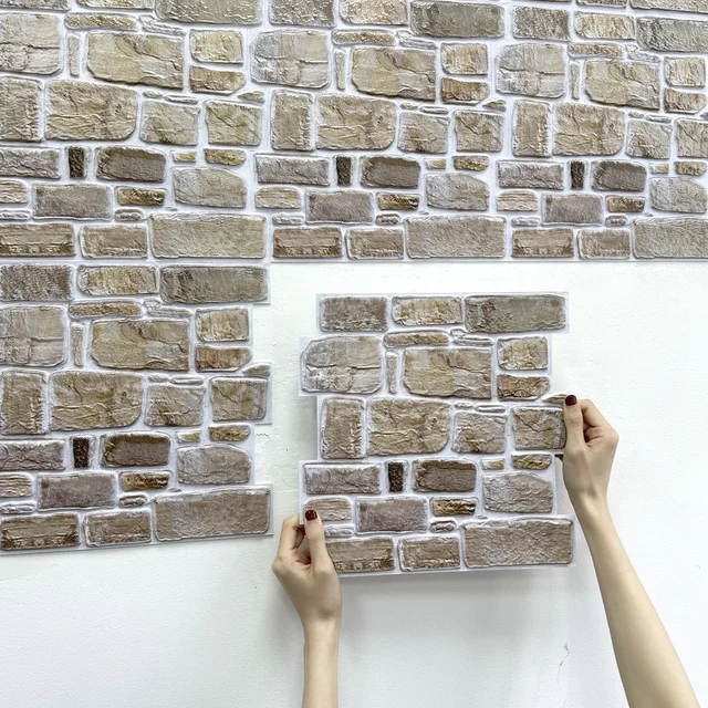 แผ่นผนังหินเทียม3D สติกเกอร์ติดกระเบื้องแบบมีกาวในตัวสำหรับห้องนั่งเล่นเตาผิงล้อมรอบกันน้ำและกันเชื้อรา30x30cm 1