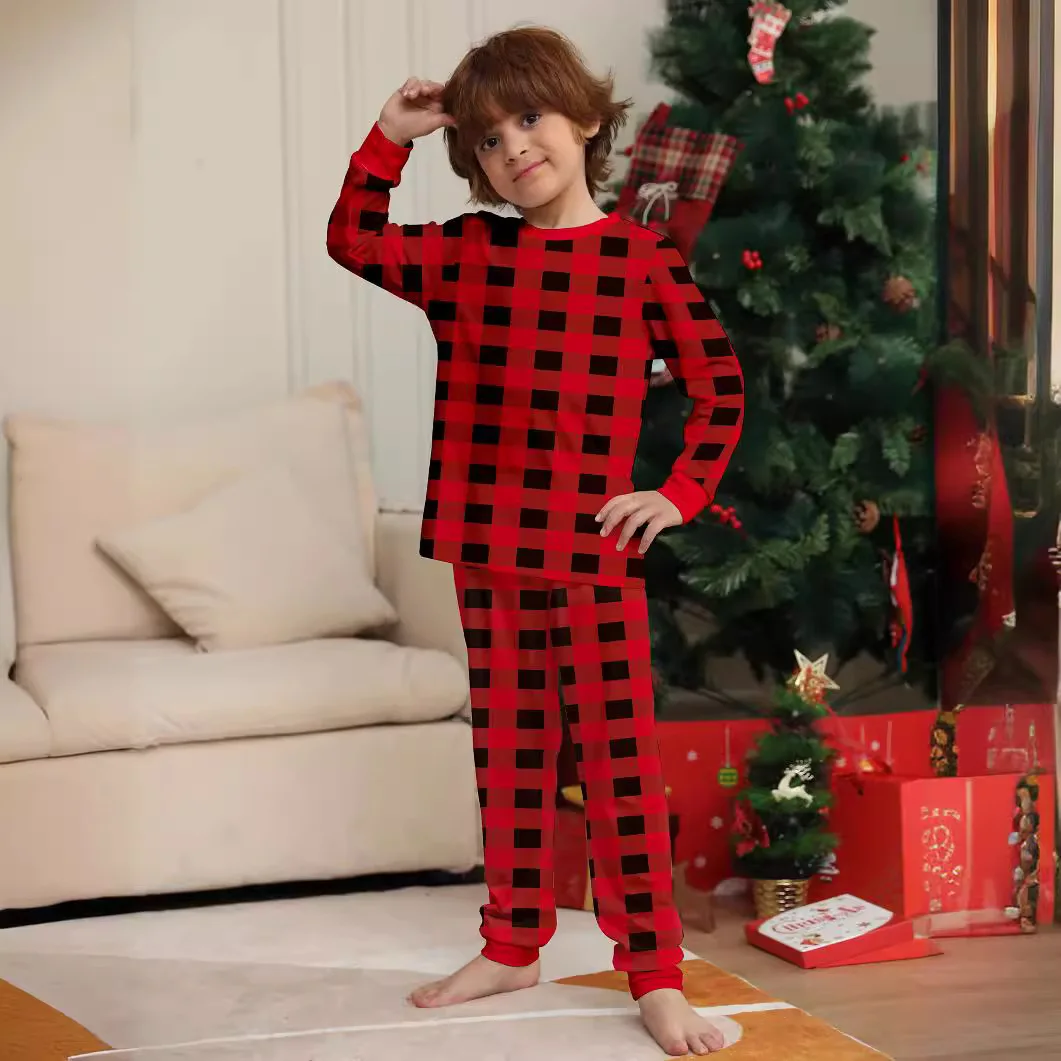 2024 new red and black checked Christmas family clothing cotton printed home dress pajamas 2 sets &3-24 months baby onesie 4