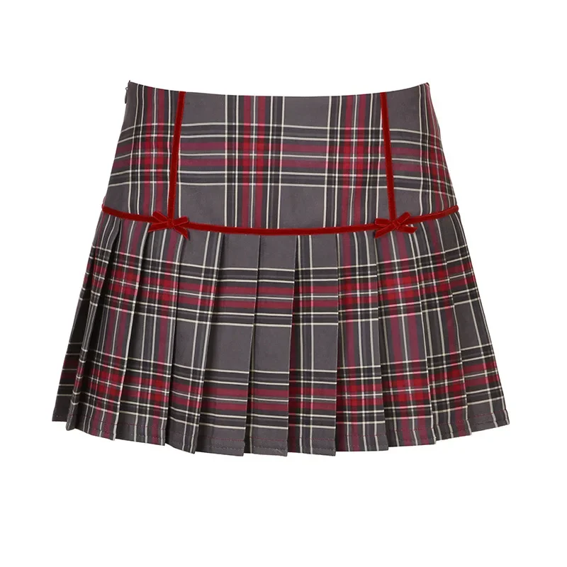 

Girl Retro Small Bow Tie Patchwork Low-waist Plaid Women's Skirt 2024 Spring A-line Pleated Skirts Y2k Woman Clothing Vintage