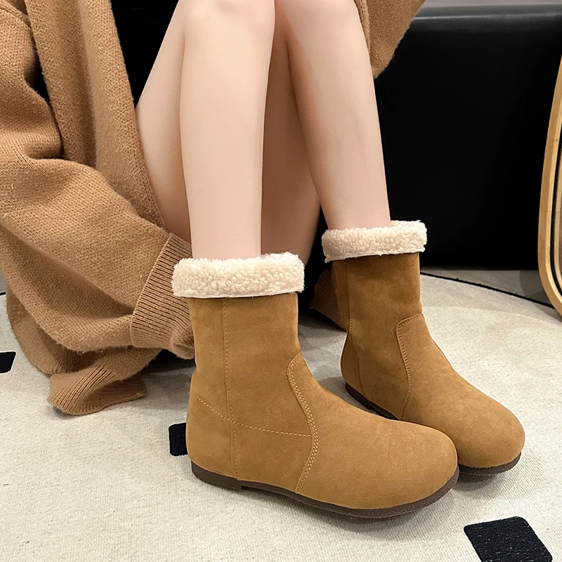 

Женские ботинки на плоской подошве, ботильоны без шнуровки в Корейском стиле, модные женские ботинки с круглым носком и перевернутым краем на низком каблуке, 2024