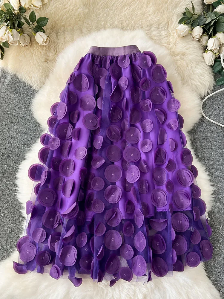 

Women Autumn Skirt Korean Version Fashion New Three-dimensional Flower Mid Length Fairy High Waist Versatile Mesh Skirt D5707