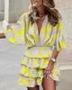 Women's Sport Dress V-Neck Loose Batwing Sleeve Elastic Waist Printed Dress Mini Casual Ruffle Hem Dresses