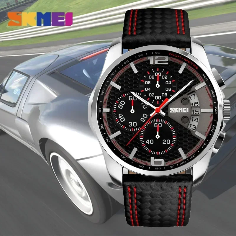 SKMEI 9106 Waterproof Quartz Sport Watch for Men Luxury Leather Date Calendar Stopwatch Wristwatches Mens Shockproof Clock