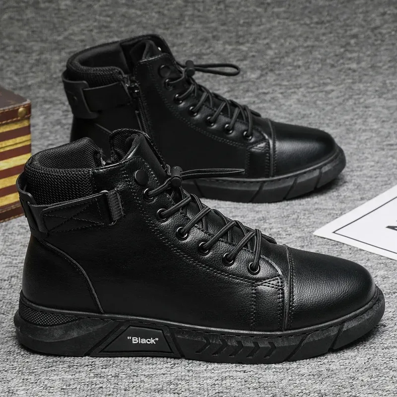 Ankle Boots Black  Leather Men's Sports Shoes Autumn Winter Comfortable High-top Casual Fashion Platform Boots Man Round Head48