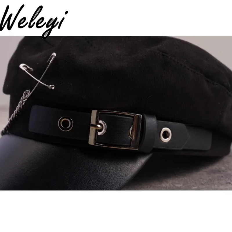 Jirai Kei Kawaii Y2k Hat American Fashion Super Cute Handmade Square Leather Buckle Chain Newsboy Cap Dark Subculture Black Hats