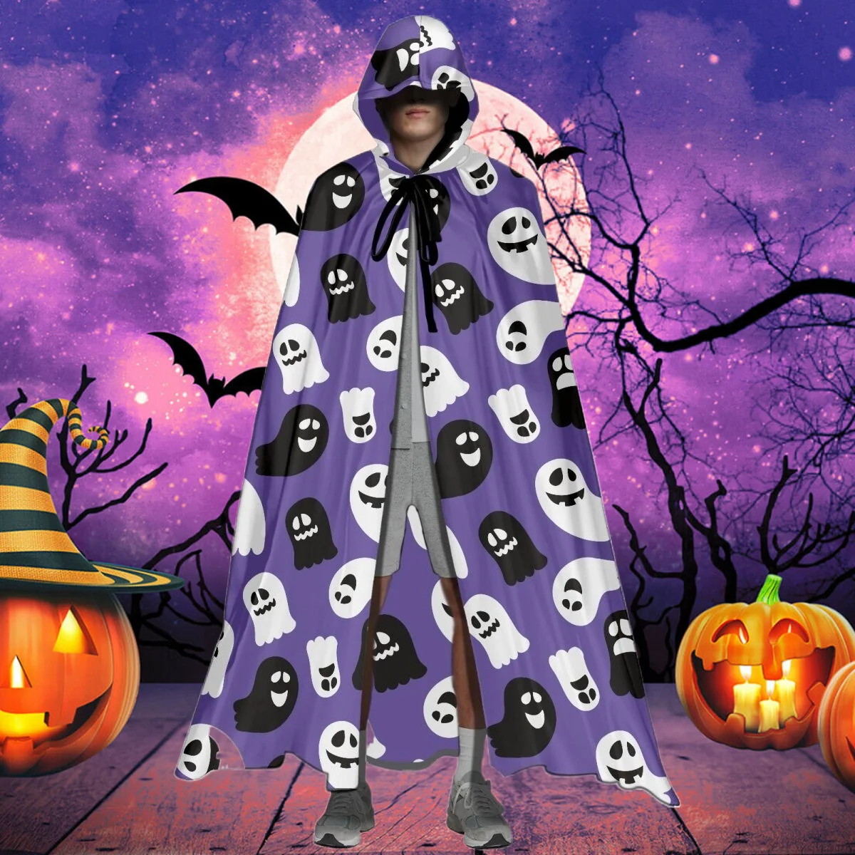 

New Arrival Cape Women Cartoon Ghost Purple Yellow Hooded Shawls Custom Image Design Durable Cloaks накидка Halloween Gift 2023