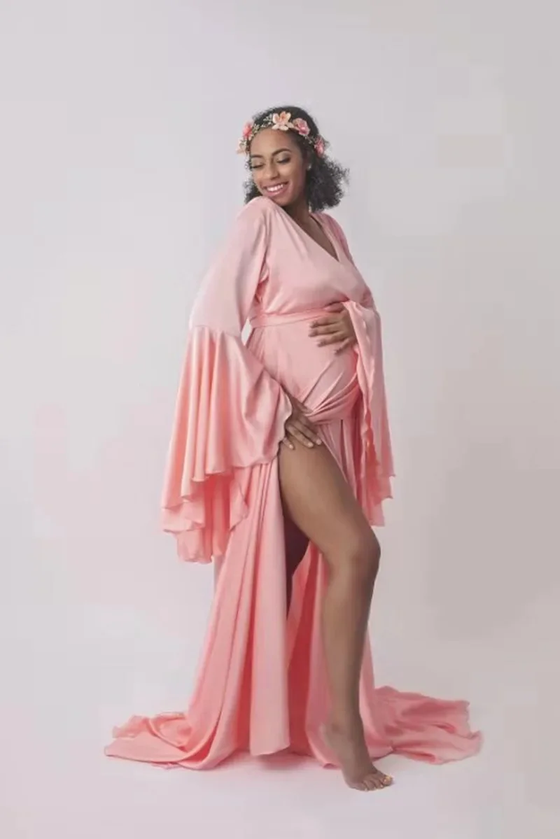 

Pregnant women's loose photography clothing Baby Shower Long Dresses V Neck Silk Maternity Photo Shoot Chiffon Dresses