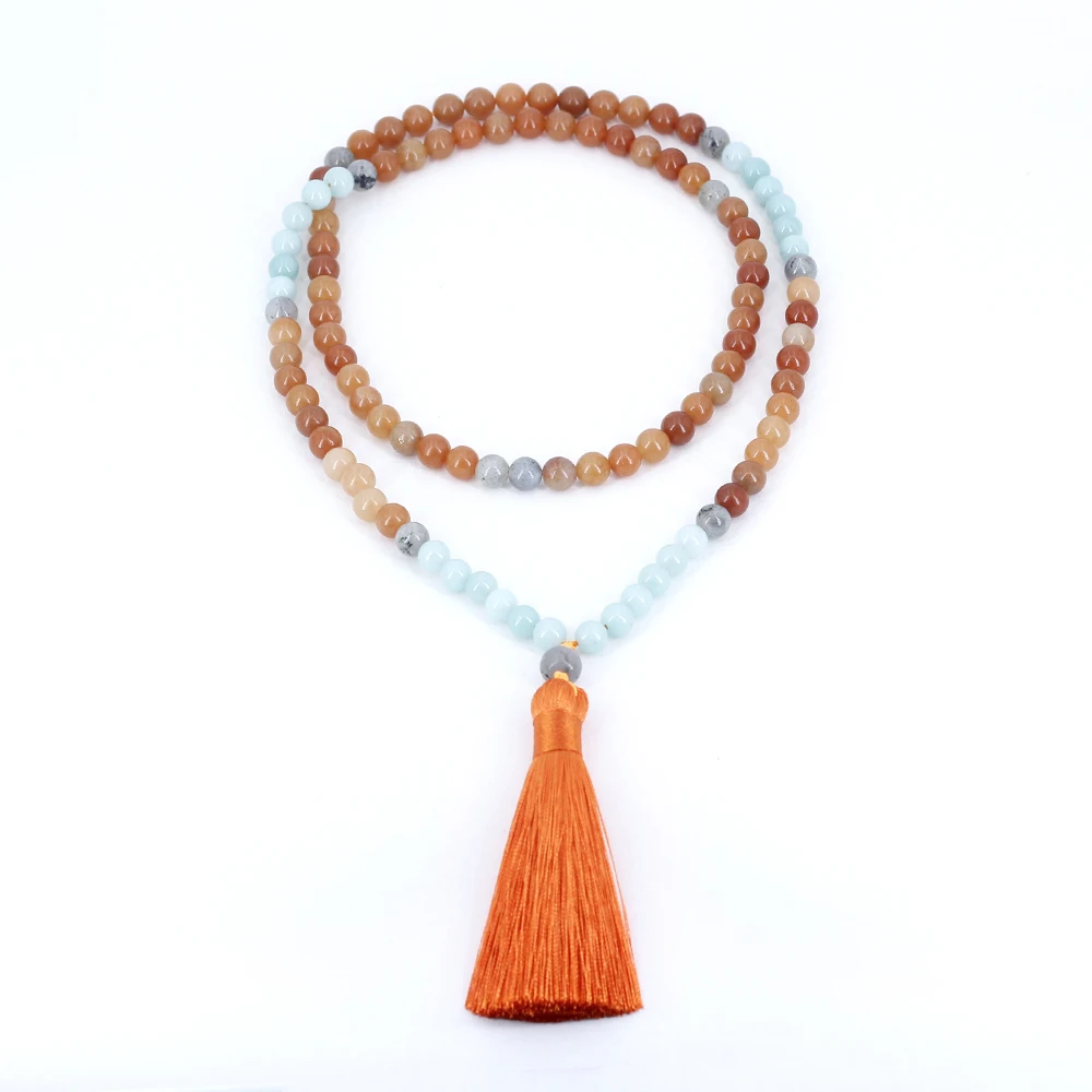 Women's necklace for healing and meditation, 8mm orange necklace with cotton tassel, japamala 108, fountain