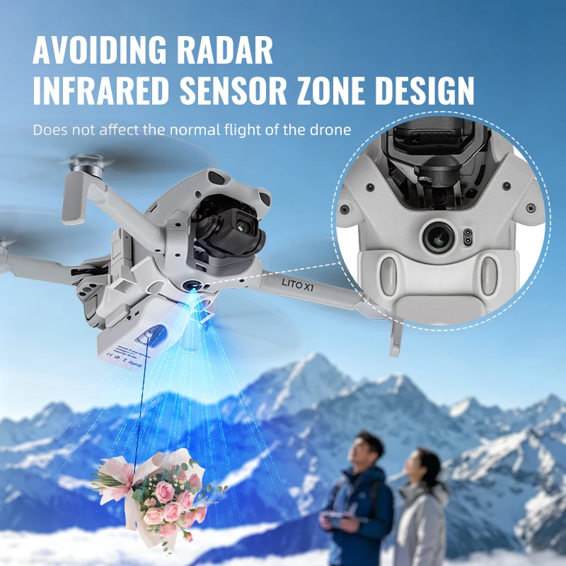 Système de largage aérien pour DJI Lito 1/X1 avec charge de 40g attachée, détail du mécanisme