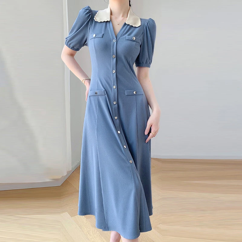 

Women's Knitted Dress 2024 Spring/Autumn Fashion V-neck Bubble Sleeve Split Fishtail Long Dress Fashion Short Sleeve Long Dress