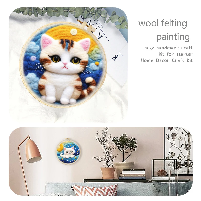 Craft Supplies Cute Cat Painting DIY Wool Embroidery Kit Creative DIY Wool Needle Felt Picture Kit Craft Painting Gift Home Decor