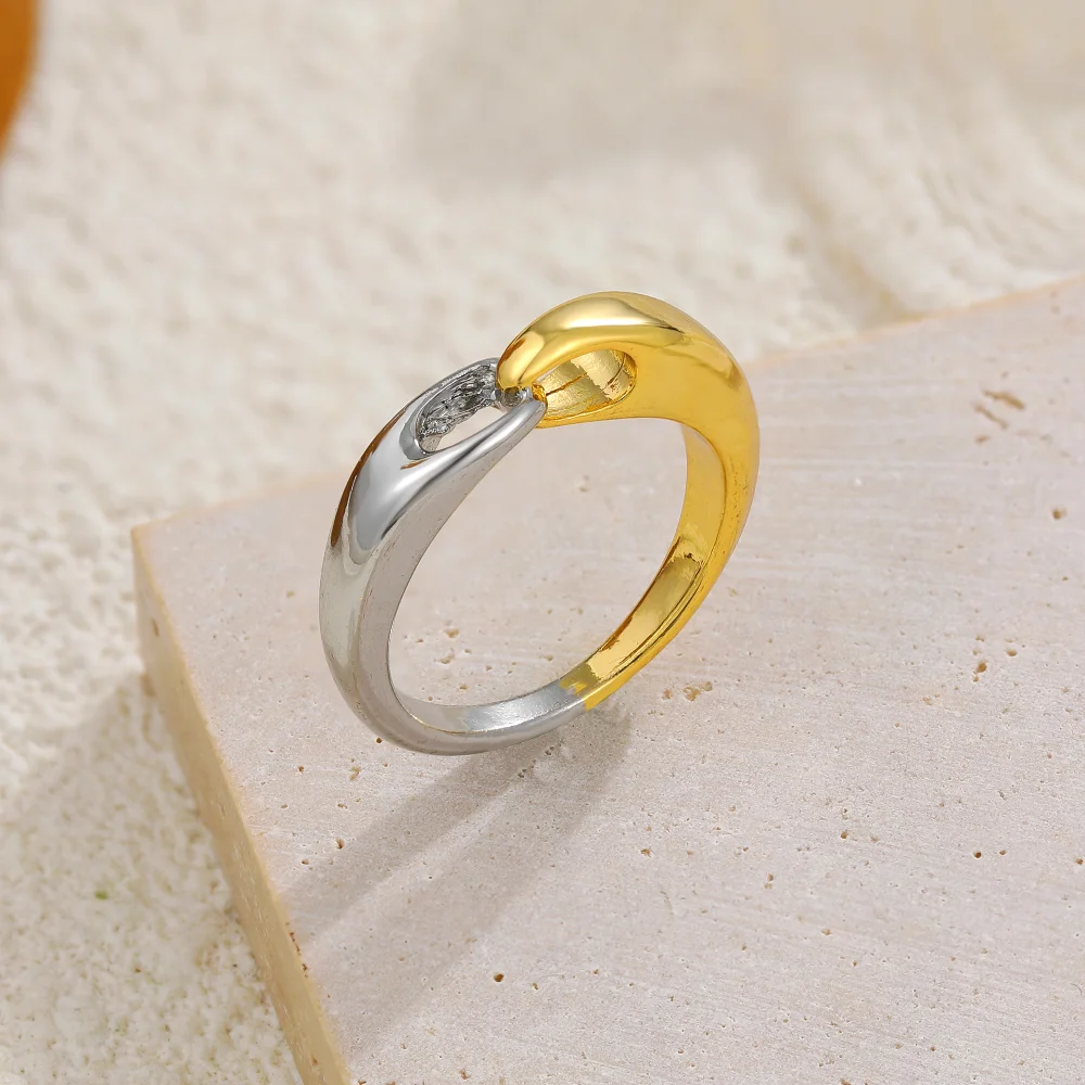 Two-tone Chunky Twist Rings for Women Girls Minimalist Double Layered Metal Stainless Steel Waterproof Knuckle Ring Punk Jewelry