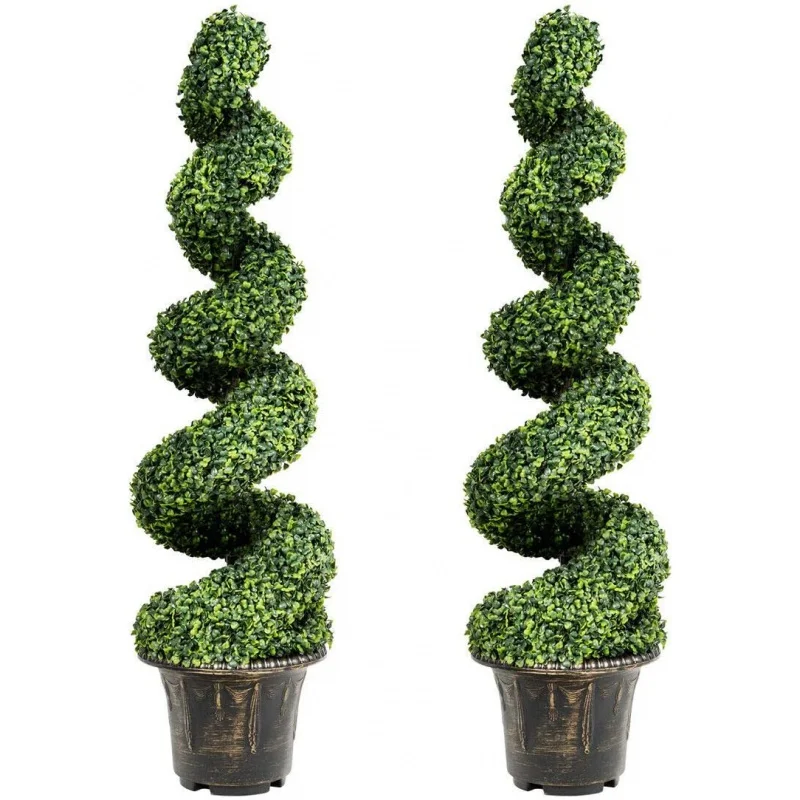 GOPLUS 4 Ft Artificial Boxwood Spiral Topiary Tree, Fake Greenery Plants, Leaves & Cement-Filled Plastic Flower Pot Decorati