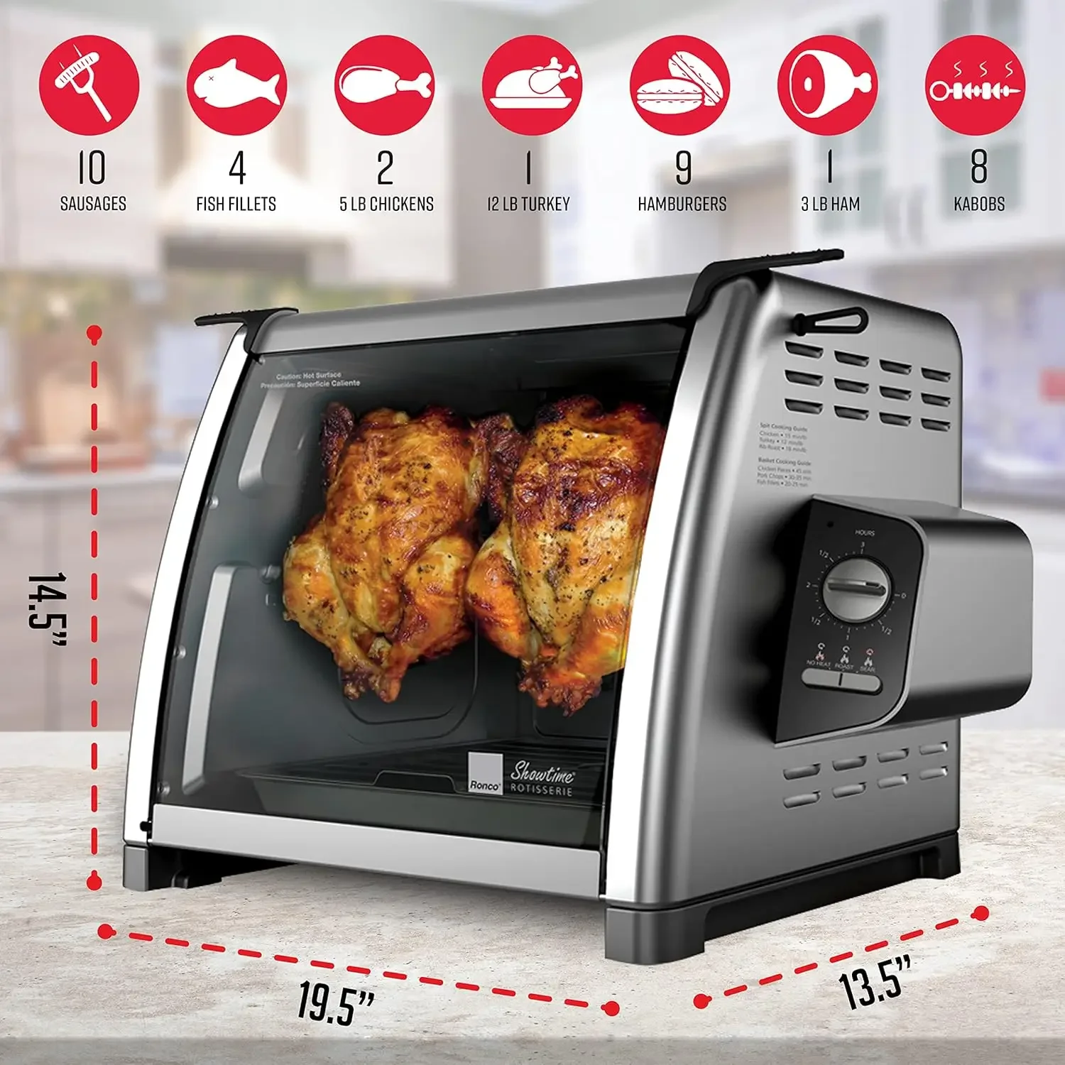 Showtime Large Capacity Rotisserie & BBQ Oven Modern Edition, Simple Switch Controls, Silicone Door Tie, Perfect Preset Rotation 3