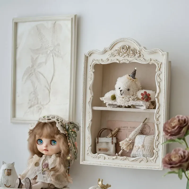 Vintage White Carved Display Rack European Style Wall-Mounted Organizer Multi-Layer Storage Unit for Home Decor Pink