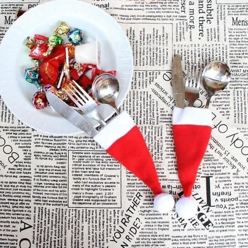 10pcs Christmas Tableware Knife Fork Set Holder Mini Santa Claus Hat Christmas Decorations For Home Navidad New Year Decoration