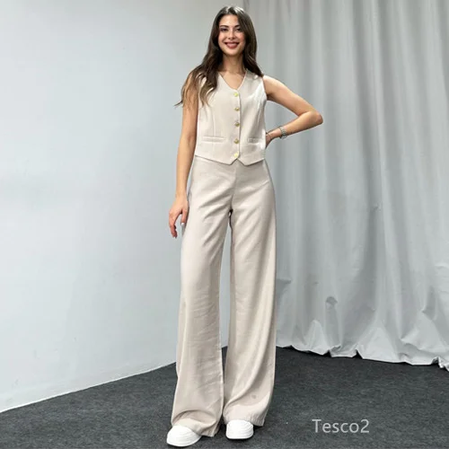 Tesco Spring Summer Women's Pants Sets Solid Sleeveless Vest High Waist Leg Pants 2 Piece Female Casual Outfits Office Sets