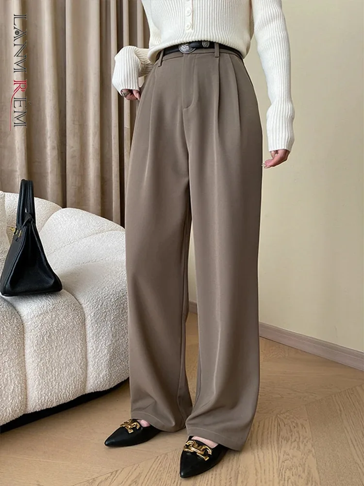 

[LANMREM] Belt Design High Waist Straight Wide Leg Pants For Women Solid Office Lady Fashion Clothing 2024 Spring New 26D6639