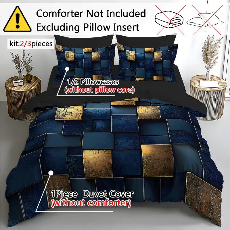 2/3Pcs 3D Space Cartoon Bedding Set, Blue Golden Abstract Pattern Ultra Soft Brushed Polyester, Wrinkle Free Skin Friendly